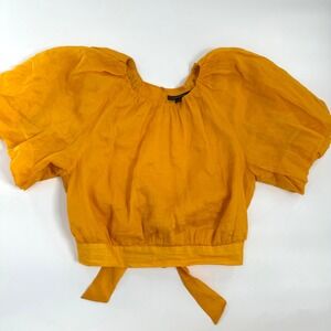 Banana Republic Gold Puff Sleeve Open Back Tie Crop Top Blouse Tall M